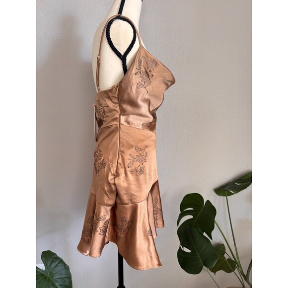 NWT Oh Polly Bronze Satin Cowl Neck Mini Dress US4 Floral Rhinestone Party - Picture 4 of 11